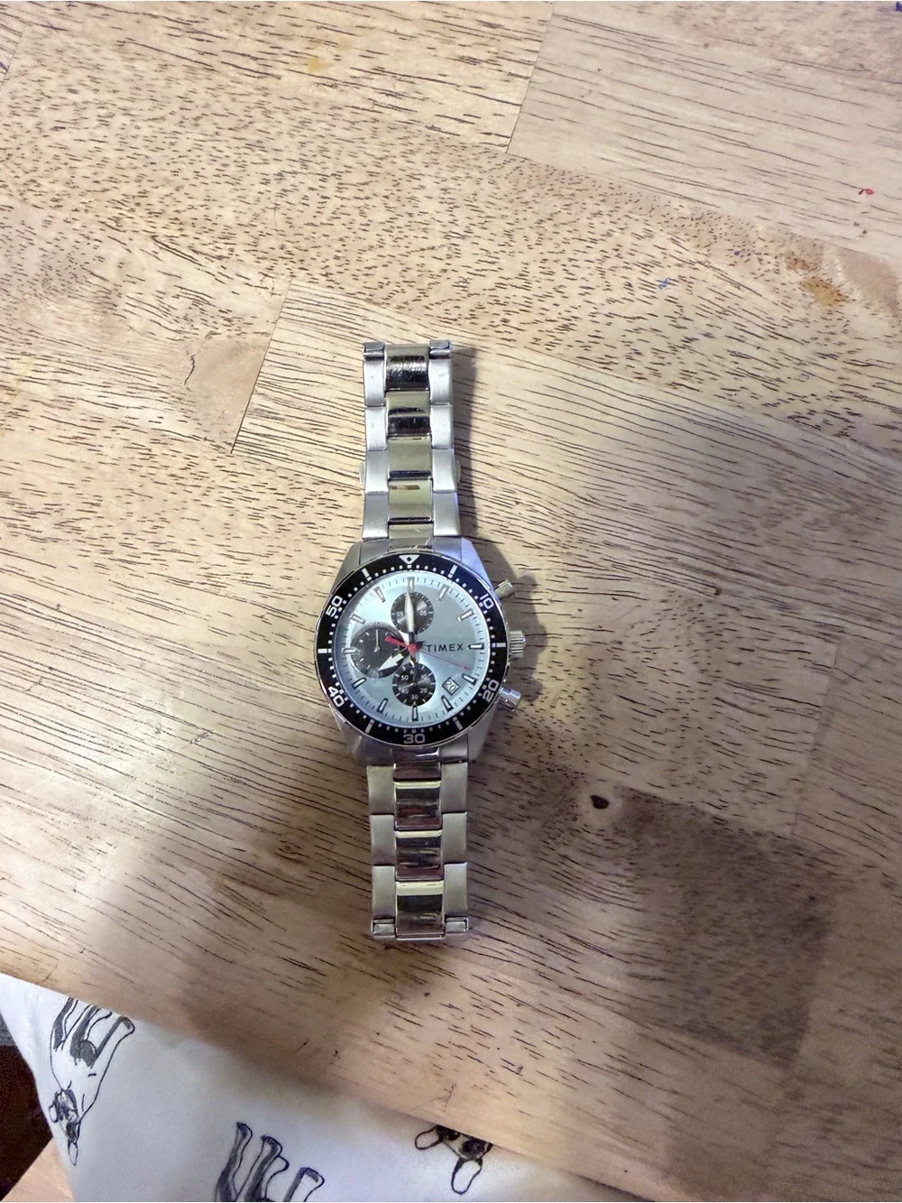 Timex Silver and Black Chronograph Watch with Red Accent